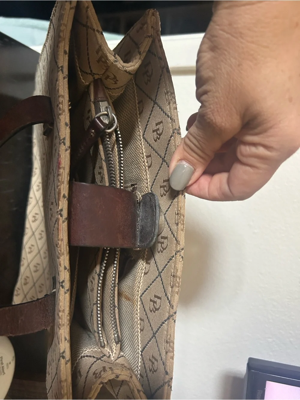 Dooney & Bourke Beige Canvas Monogram Tote with Brown Straps